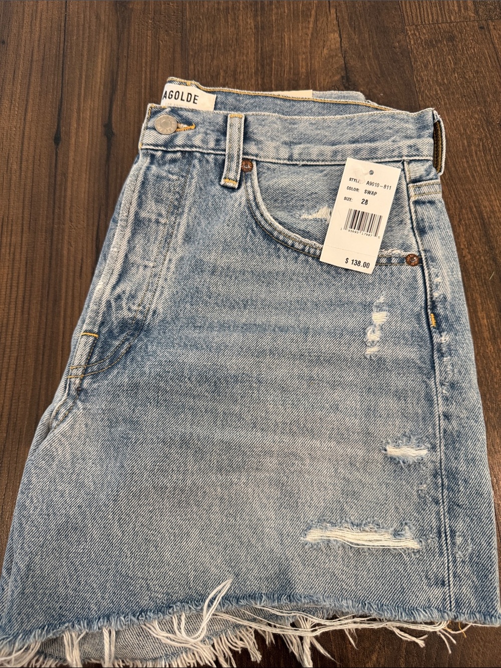 Agolde Parker Long Light Blue Distressed Denim Cutoff Shorts - Picture 4 of 4